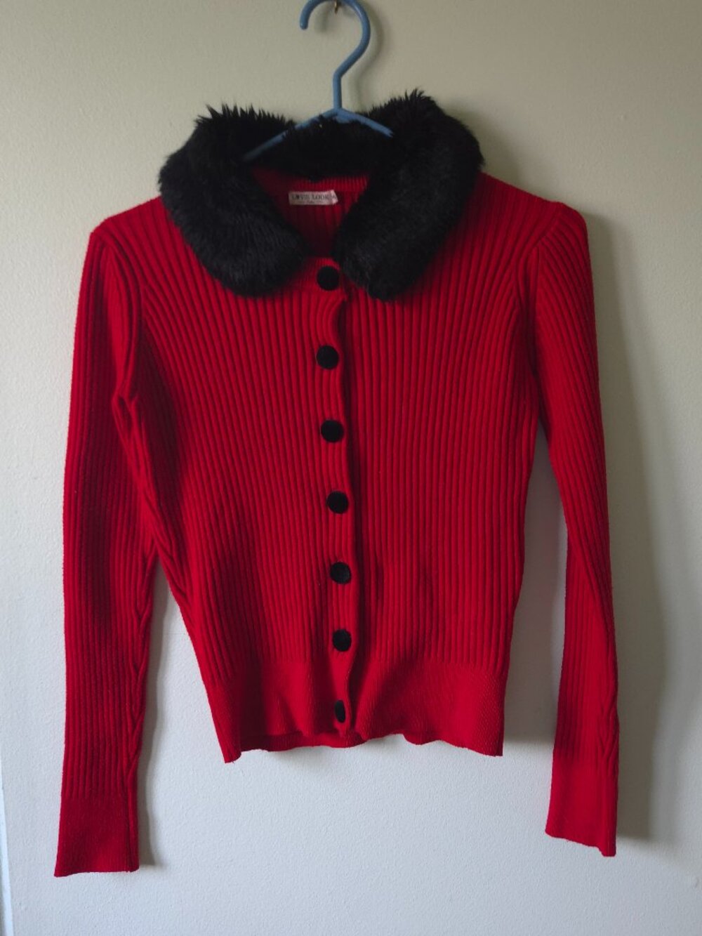 Lovie Look wool blend Faux Fur Collar Ribbed Knit Cardigan Sweater Red Size L/XL